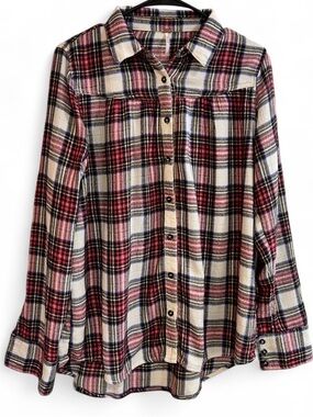 Free People Cream Plaid Shirt with red, Blue & Yellow Accentso